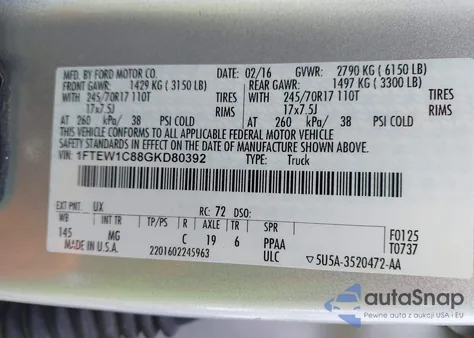 2016 Ford F-150 Xlt z USA, uszkodzony, nr VIN 1FTEW1C88GKD80392